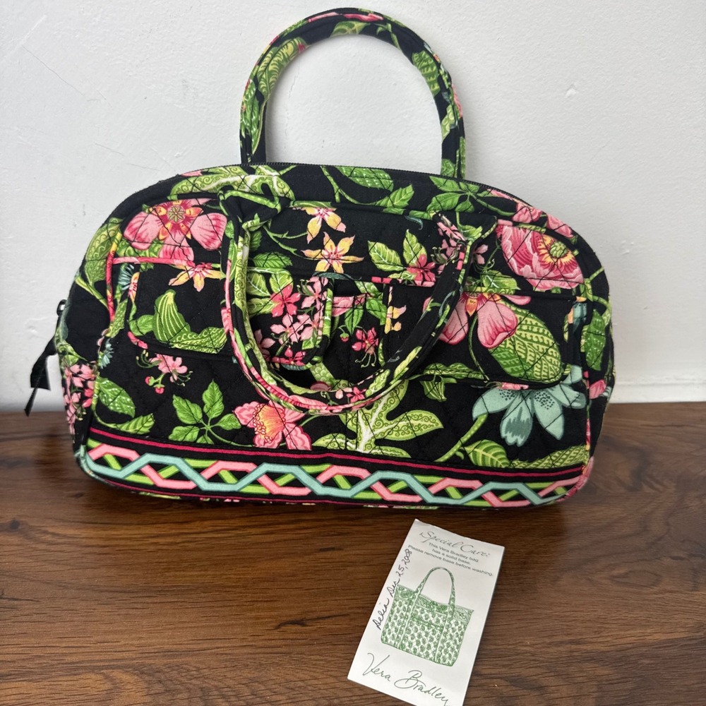 Vera Bradley Mediterranean Garden Quilted Cotton Satchel Handbag Floral Black‎